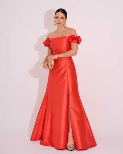 Foto Vestido Longo de Festa Zibeline Ombro a Ombro com Flores e Fenda Laranja