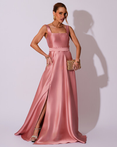 Foto Vestido de Festa Longo Zibeline com Fenda e Faixa Rose
