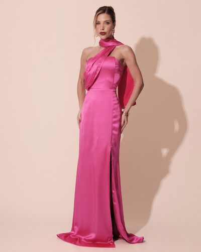 Foto Vestido de Festa Longo Cetim Alfaiataria Tomara que Caia com Faixa Lenço Pink