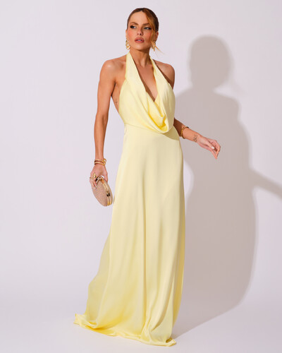 Foto Vestido de Festa Longo Frente Única Degagê Cetim Fluido Amarelo Manteiga