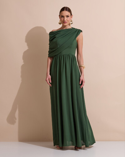 Foto Vestido de Festa Longo Um Ombro Só Crepe Chiffon Capa Drapeado Verde Militar