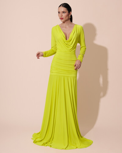 Foto Vestido de Festa Longo Malha Degagê Drapeado Manga Longa Verde Lima