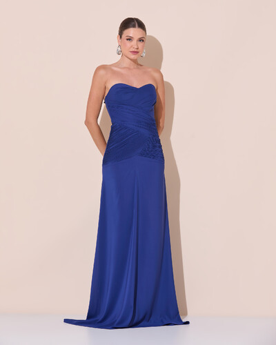 Foto Vestido de Festa Longo Decote Coração Crepe Chiffon Drapeado Plissado Lenço Azul Marinho
