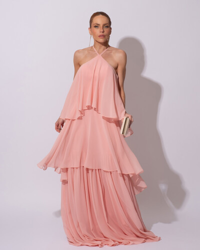 Foto Vestido Longo Crepe Chiffon Babado em Camadas Rose Gold