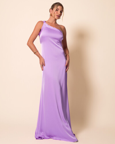 Foto Vestido de Festa Longo Cetim Fluido Um Ombro Só Amarração Costas Lilás