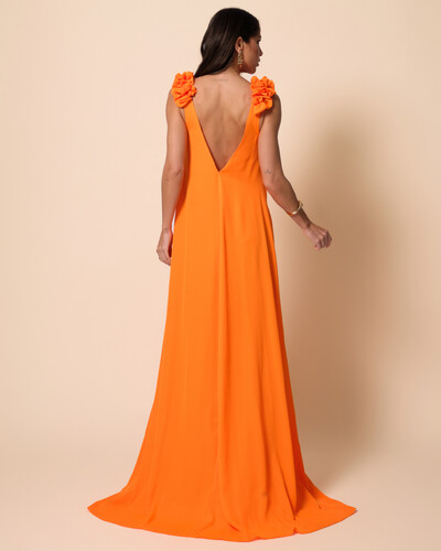 FotoVestido de Festa Longo Crepe Chiffon Fluido Decote em V Flores Laranja