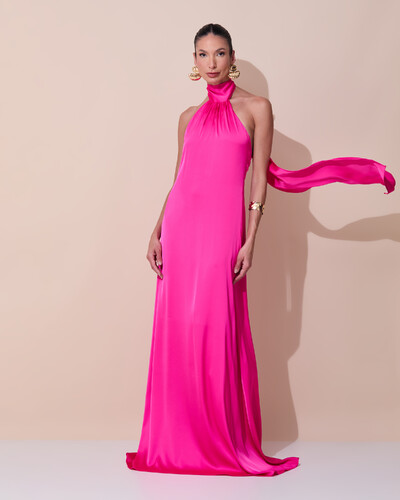 Foto Vestido de Festa Gola Alta com Decote nas Costas Acetinado Pink