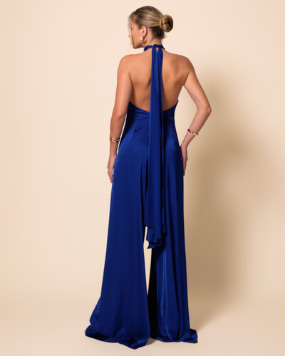 FotoMacacão de Festa Longo em Cetim Fluido com Gola Alta e Lenço Azul Royal New