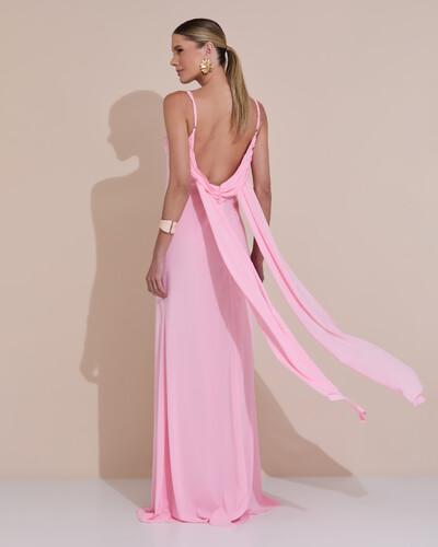 Foto Vestido de Festa Longo Crepe Chiffon Costas Lenço Cauda Rosa Claro