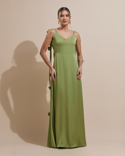 Foto Vestido de Festa Longo Decote Degagê Costas Cetim Flores 3D Alças Verde Pistache
