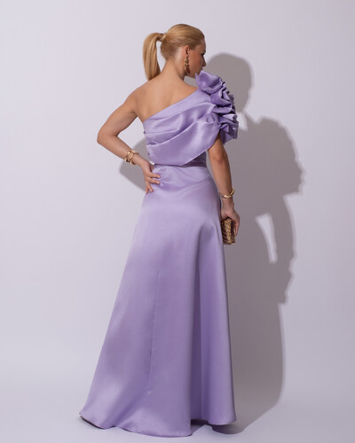 FotoVestido de Festa Longo Zibeline um Ombro Só Flor Drapeado Lilás