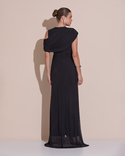 Foto Vestido de Festa Longo Capa Drapeado Tule Saia Fluida Preto