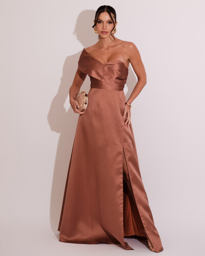 Foto Vestido de Festa longo Faixa Ombro e Fenda Zibeline Mocha Mousse