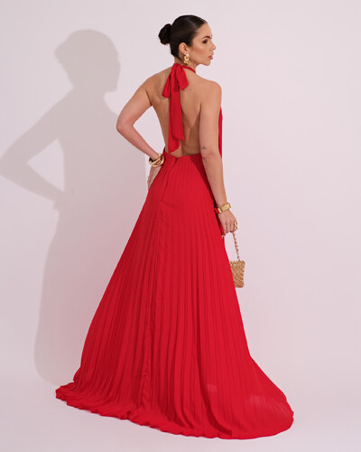 FotoVestidos de Festa Longo Chiffon Fluido Frente Única Plissado Duplo Vermelho