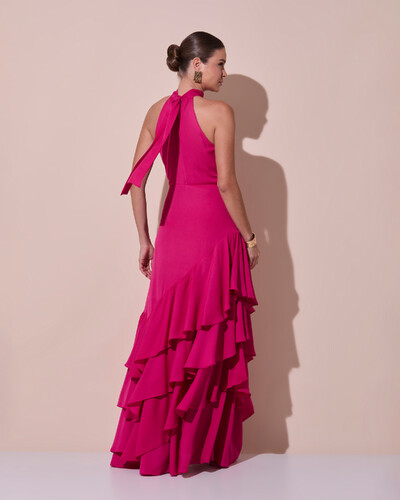 Foto Vestido de Festa Longo Chiffon Crepe Gola Alta Babados Pink Escuro