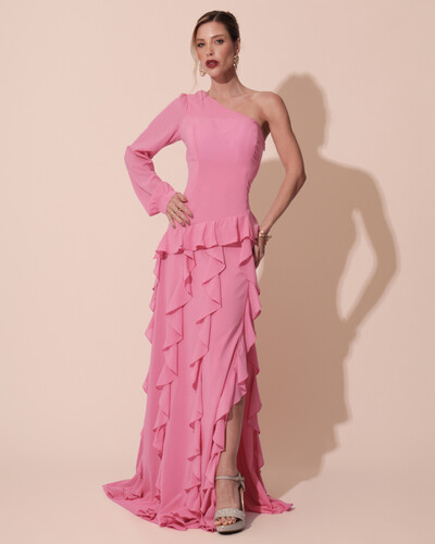 Foto Vestido de Festa Longo Crepe Um Ombro Só Manga Longa e Babados Cascata Fenda Rosa