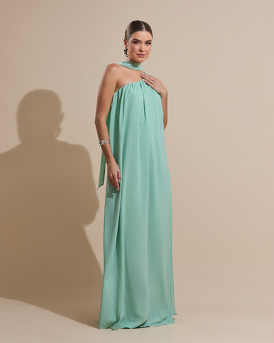 Foto Vestido de Festa Longo Crepe Fluido um Ombro Só com Lenço Verde Menta