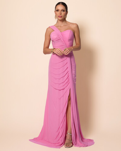 Foto Vestido de Festa Longo Tule Tomara que Caia Faixa Detalhe Drapeado e Fenda Rosa