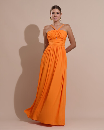 Foto Vestido de Festa Longo Crepe Chiffon Drapeado com Alças Finas Laranja