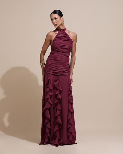 Foto Vestido de Festa Longo Frente Única Crepe Chiffon Drapeado Babados Cascata Marsala