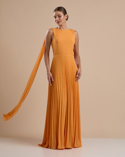 Foto Vestido de Festa Longo Crepe Chiffon Plissado com Lenço nas Alças Laranja Manga