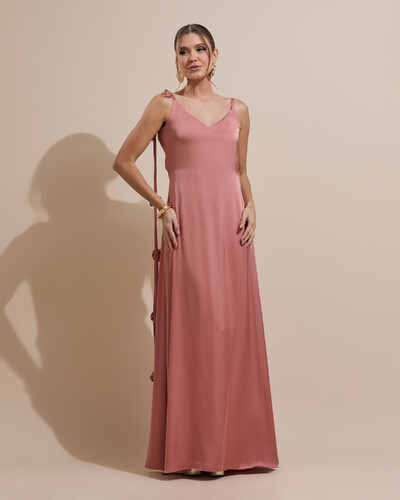 Foto Vestido de Festa Longo Decote Degagê Costas Cetim Flores 3D Alças Rosa Blush