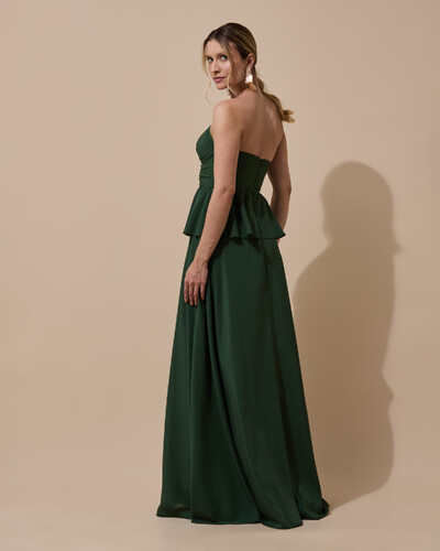 Foto Vestido de Festa Longo Crepe Chiffon Tomara que Caia Peplum Drapeado Verde Militar