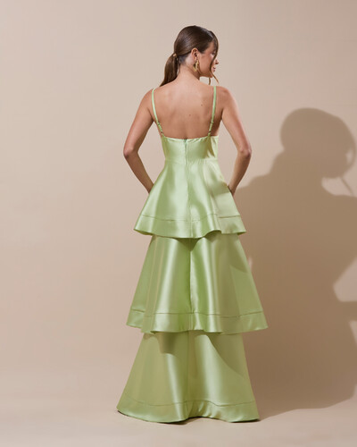 Foto Vestido de Festa Longo Zibeline em Camadas Decote em V com Alças Verde Lima New