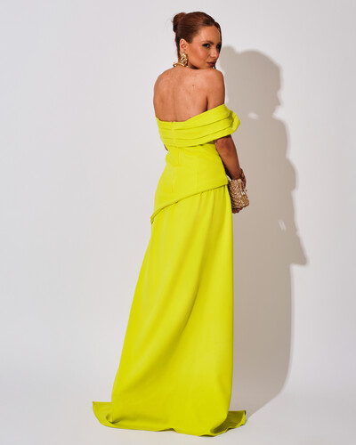 FotoVestido de Festa Longo Alfaiataria Ombro a Ombro Drapeado com Fenda Verde Lima