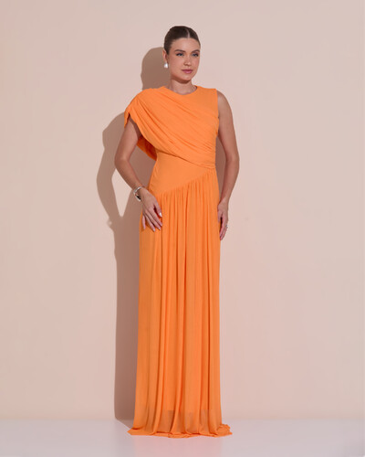 Foto Vestido de Festa Longo Capa Drapeado Tule Saia Fluida Laranja New