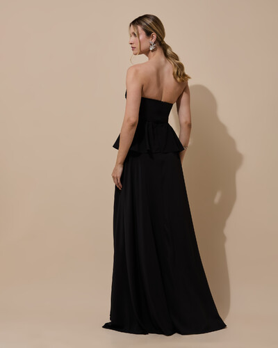 Foto Vestido de Festa Longo Crepe Chiffon Tomara que Caia Peplum Drapeado Preto