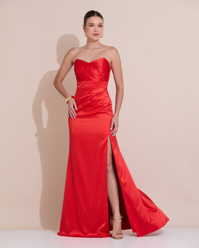 Foto Vestido de Festa Longo Cetim Alfaiataria Tomara que Caia Fenda Vermelho