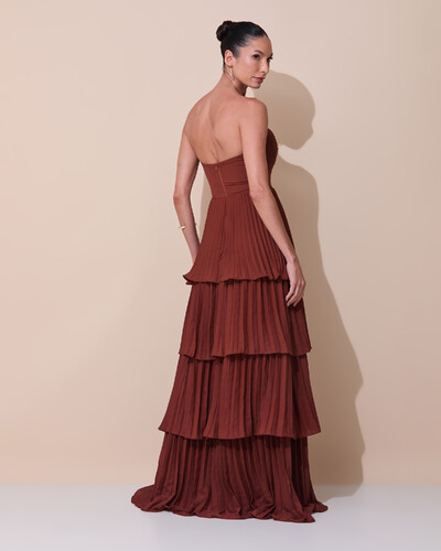 Foto Vestido de Festa Longo Tomara que Caia Crepe Chiffon Plissado Camadas Marrom New