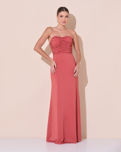 Foto Vestido de Festa Longo Ombro a Ombro Plissado Crepe Chiffon Capa Flor 3D Terracota
