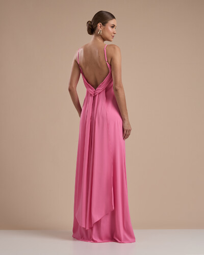 FotoVestido de Festa Longo Crepe Chiffon Costas Lenço Cauda Rosa