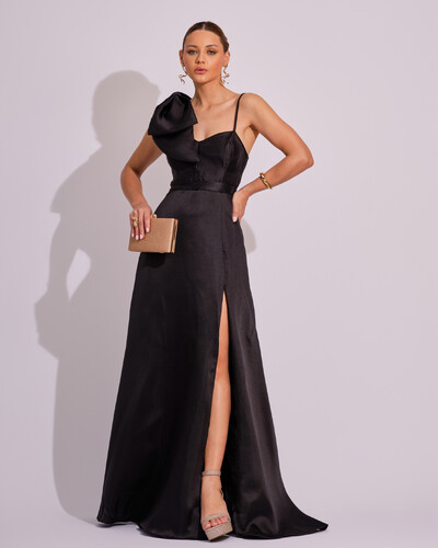 Foto Vestido de Festa Longo em Zibeline com Laço Removível Preto