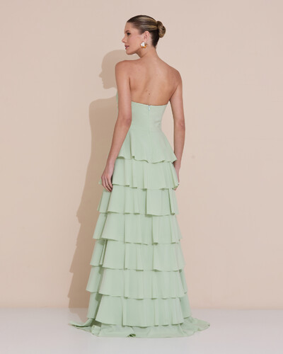 Foto Vestido de Festa Longo Crepe Chiffon Tomara que Caia Plissado Flor Camadas Verde Menta New