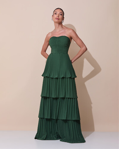 Foto Vestido de Festa Longo Tomara que Caia Crepe Chiffon Plissado Camadas Verde Escuro New