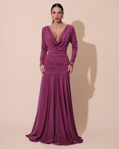 Foto Vestido de Festa Longo Malha Degagê Drapeado Manga Longa Fúcsia