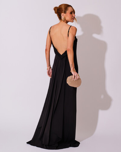Foto Vestido de Festa Longo Crepe Chiffon Costas Lenço Cauda Preto