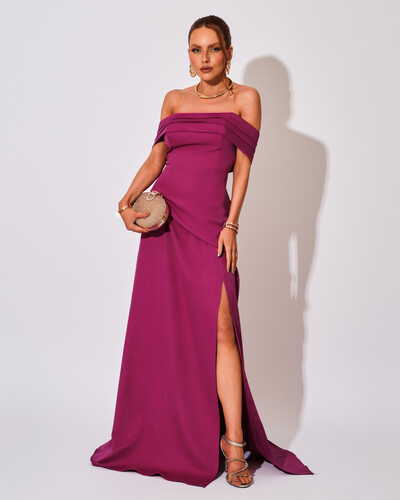 Foto Vestido de Festa Longo Alfaiataria Ombro a Ombro Drapeado com Fenda Fúcsia Beterraba