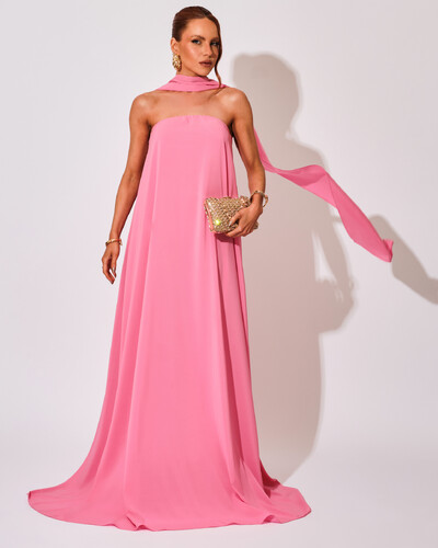 Foto Vestido de Festa Longo Crepe Tomara que Caia com Lenço Rosa