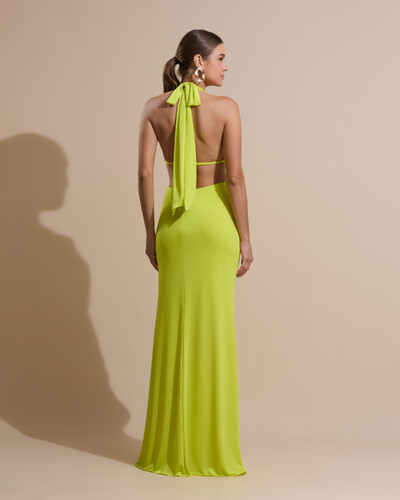 Foto Vestido de Festa Longo Malha Jersey Gola Alta Saia Sereia Verde Lima