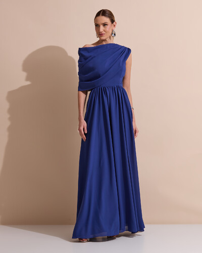 Foto Vestido de Festa Longo Um Ombro Só Crepe Chiffon Capa Drapeado Azul Marinho