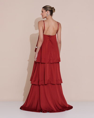 Foto Vestido de Festa Longo Decote Reto Alças Finas Cetim Camadas Terracota