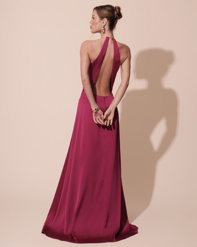FotoVestido de Festa Longo Cetim Fluido com Argola Frente Única Beterraba