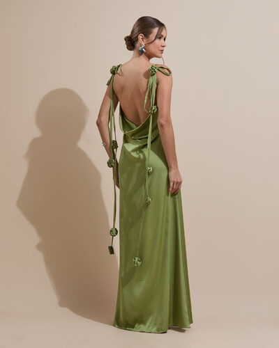 FotoVestido de Festa Longo Decote Degagê Costas Cetim Flores 3D Alças Verde Pistache
