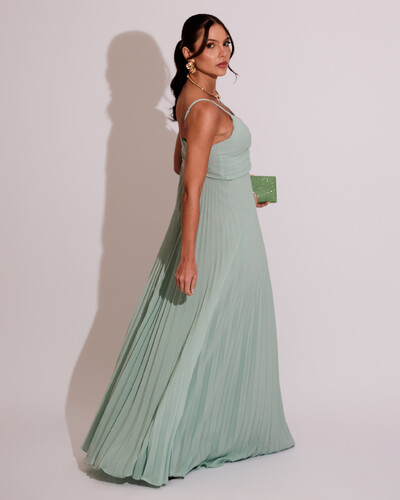 FotoVestido de Festa Longo Plissado Crepe Chiffon com Alça Menta