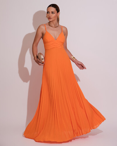 Foto Vestido de Festa Longo Plissado Crepe Chiffon com Alça Laranja