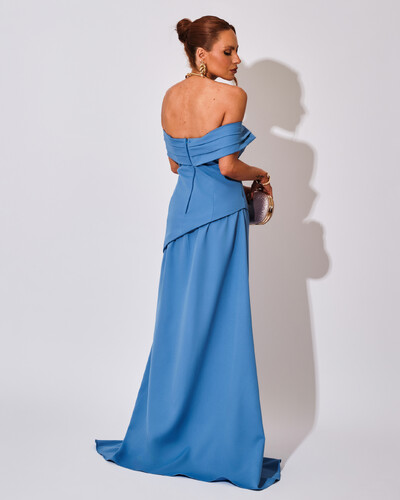 FotoVestido de Festa Longo Alfaiataria Ombro a Ombro Drapeado com Fenda Azul Atlantis
